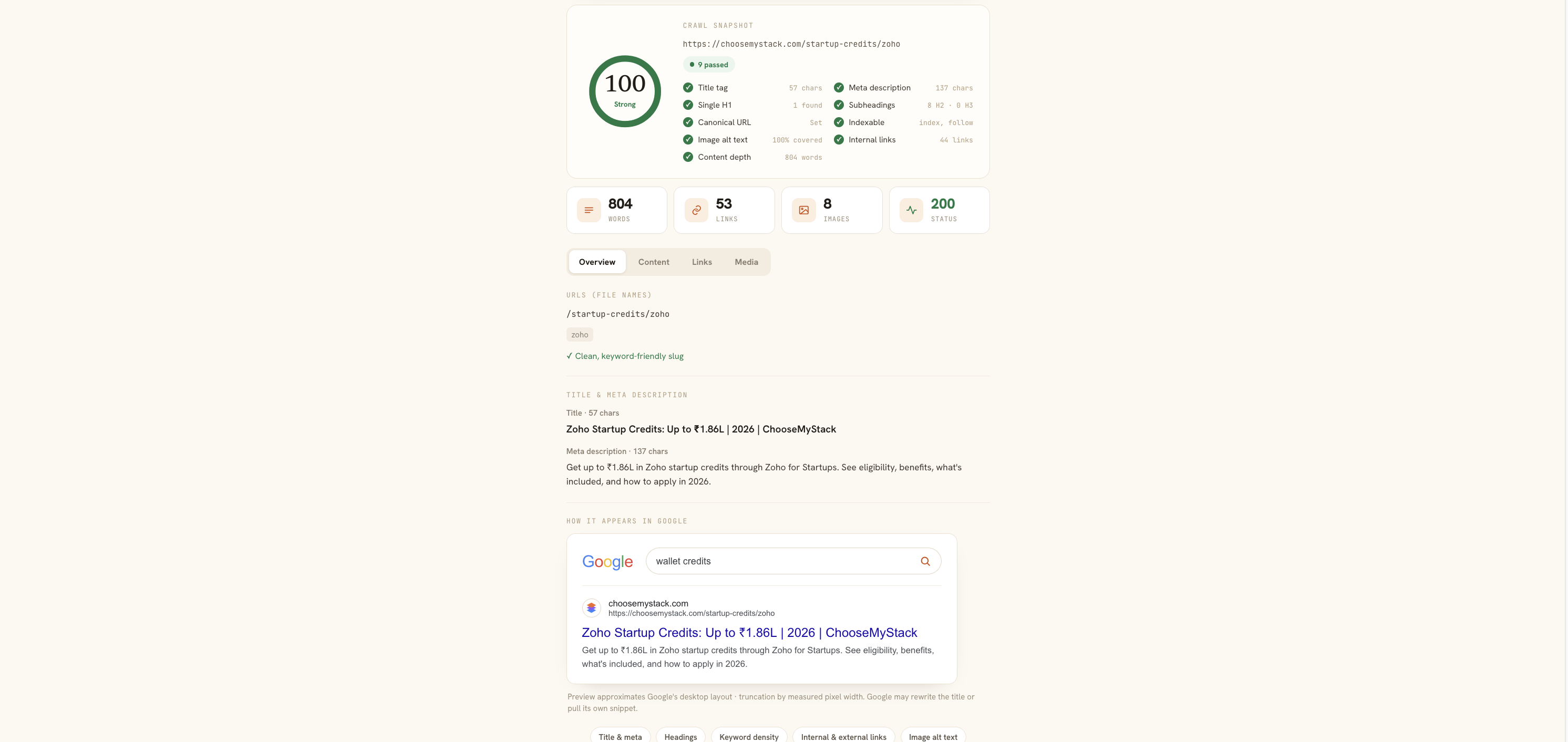Search Engine Simulator results showing the title, meta description, headings, internal and external links, page text and image alt text a crawler reads from a page